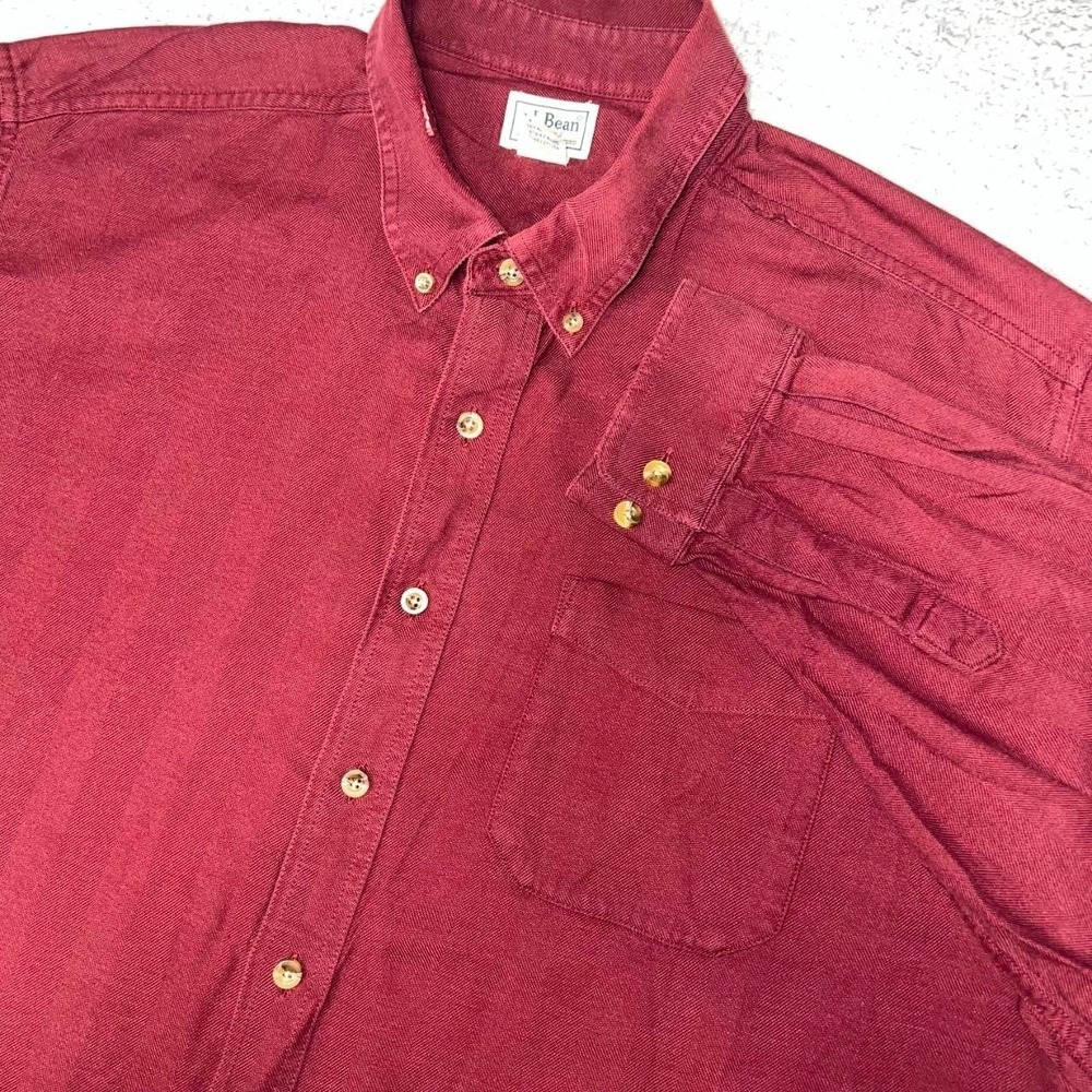 LL‎ Bean Shirt Men's Size 2XL XXL Burgundy Chambray Long Sleeve Pocket Button Up